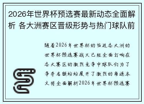 2026年世界杯预选赛最新动态全面解析 各大洲赛区晋级形势与热门球队前景 2026年世界杯预选赛最新动态全面解析 各大洲赛区晋级形势与热门球队前景